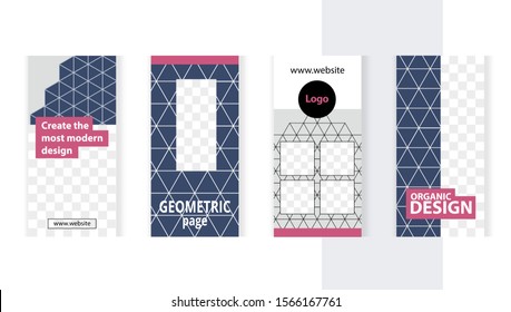 Elegant geometric patterns. Set templates for design of social networks, story and print with windows for images. Stylish design in dark blue colors.
