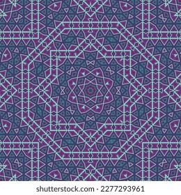 Elegante geometrische, wiederholte Ornament-Vektorzusammensetzung. Exotisches Vorhangmotiv. Stammesmosaikmuster. Portugiesischer traditioneller Druck. Künstlerischer Hintergrund.