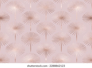 Elegant geometric seamless pattern background design with rose gold fan dandelions.