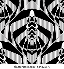 Elegant geometric  seamless pattern. Black white abstract background wallpaper illustration with 3d geometry shapes, figures, stripes, rhombus and striped ornaments. Vector surface texture