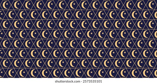 Elegant Geometric Seamless pattern with crescent moon. Ramadan Wrapping paper template design. Pastel color arabic holiday background. Perfect wall wallpaper decoration print.  EPS 10