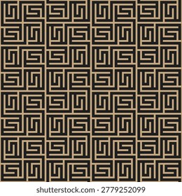 Elegant geometric seamless pattern featuring a Greek key inspired labyrinth motif in gold and black tones. Vector format with seamless repeat suitable for luxury branding, wallpaper, textile, packaging, stationery, and decorative surface design.