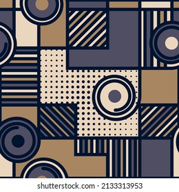 Elegant geometric seamless pattern. Overlapping polygons, stripes, circles, spirals of different sizes are arranged in a certain order and form a beautiful surface. Vector 