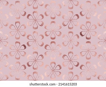 Elegante patrón geométrico impecable con azulejos de flores de color rosa dorado.