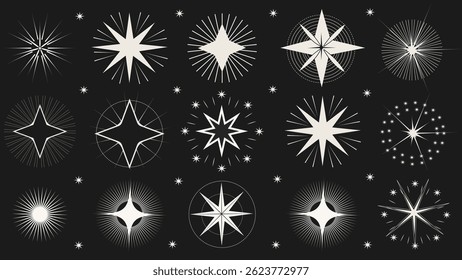  Elegant Geometric Starburst Collection on Dark Background, Modern Star and Burst Vector Design Set