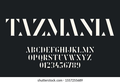 Elegant Geometric Stencil Font With Triangular Elements And Serifs. Vector Alphabet And Numbers