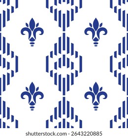 Elegant geometric and symbolic pattern in deep blue on white background, perfect for digital textile printing and fashion design.