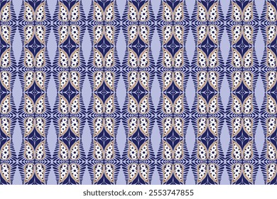 Elegant geometric textile pattern featuring intricate navy blue and gold motifs, framed by white floral accents, creating a luxurious and timeless design