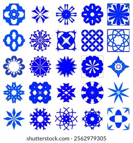 Elegant geometric tile pattern collection featuring navy blue squares with ornamental designs. Perfect for ceramic tiles, Mediterranean decor, wall art, and interior design backgrounds.