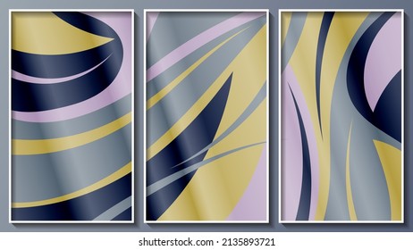 Elegant geometric triptych. A beautiful surface of smooth stripes and wavy shapes. Three images in white thin frames. Template for your projects. Vector. 