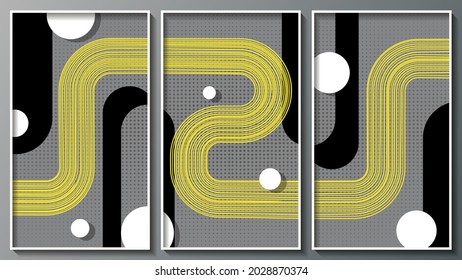 tríptico geométrico elegante. líneas espirales amarillas, círculos blancos de diferentes tamaños, formas abstractas negras con esquinas redondeadas sobre un fondo texturado gris. tres imágenes en marcos blancos. vector