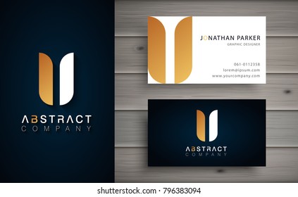 Elegant geometric vector logotype. Golden letter U logo with minimal design. Premium brand identity with business card template. 