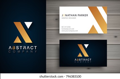 Elegant geometric vector logotype. Golden letter X logo with minimal design. Premium brand identity with business card template. 