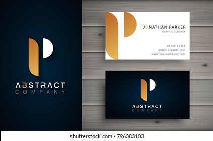 Elegant geometric vector logotype. Golden letter P logo with minimal design. Premium brand identity with business card template. 