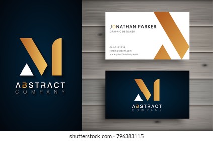 Elegant geometric vector logotype. Golden letter M logo with minimal design. Premium brand identity with business card template. 