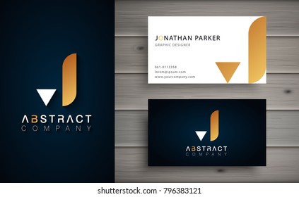 Elegant geometric vector logotype. Golden letter J logo with minimal design. Premium brand identity with business card template. 