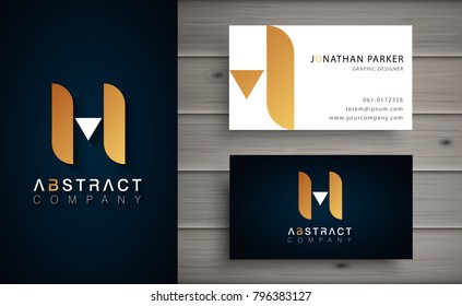 Elegant geometric vector logotype. Golden letter H logo with minimal design. Premium brand identity with business card template. 