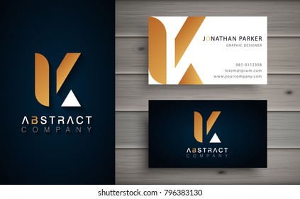 Elegant geometric vector logotype. Golden letter K logo with minimal design. Premium brand identity with business card template. 