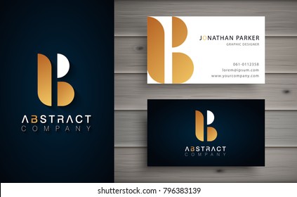 Elegant geometric vector logotype. Golden letter B logo with minimal design. Premium brand identity with business card template. 