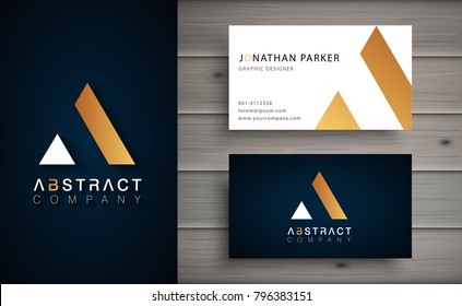 Elegant geometric vector logotype. Golden letter A logo with minimal design. Premium brand identity with business card template. 