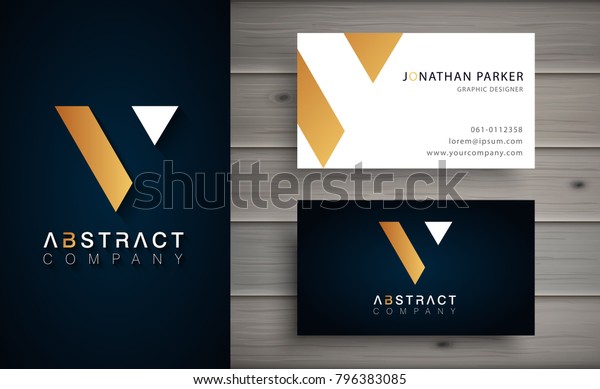 Elegant geometric vector logotype. Golden letter V logo\
with minimal design. Premium brand identity with business card\
template. 