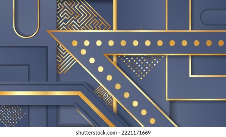 Elegant geometric wallpaper with 3D effect. Broken overlapping stripes of gray tones with gold trim on a dark textured background. Vector.