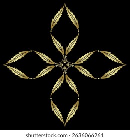 Elegante decoração geométrica com motivos florais. Design étnico em forma de cruz com folhas estilizadas. Motivo turco medieval do Império Otomano. Silhueta brilhante dourada sobre fundo preto.