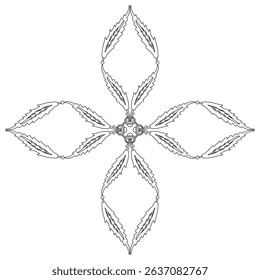 Elegant geometrical decor with floral motifs. Ethnic cross shape design with stylized leaves. Medieval Turkish motif from Ottoman Empire. Black and white linear silhouette.