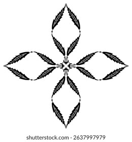 Elegant geometrical decor with floral motifs. Ethnic cross shape design with stylized leaves. Medieval Turkish motif from Ottoman Empire. Black and white silhouette.
