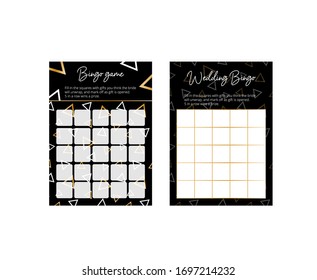 Elegant geometry bingo cards. Games for wedding reception and bridal shower. Elegant cards with gold and white triangles on the black background. Easy printable vector templates: 10*14 in