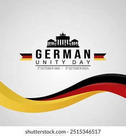 Elegant German Unity Day 2024 Greeting Card with Brandenburg Gate Illustration and Dynamic German Map. "Tag der Deutschen Einheit". Translation : German Unification Day.  Vector Illustration