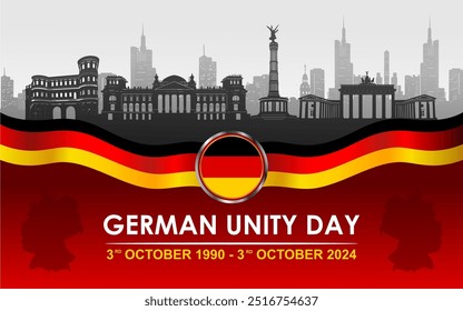 Elegant German Unity Day 2024 In Banner with silhouettes of historical landmarks and skyscrapers, map and wavy ribbon Illustration. German Unification Banner, Background, Poster, Template, Greeting.