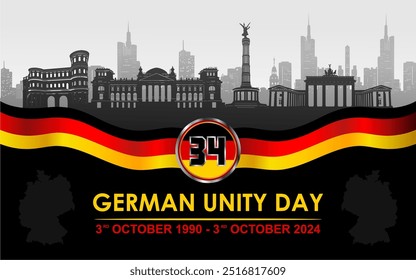 Elegant German Unity Day 2024 In Banner with silhouettes of historical landmarks and skyscrapers, map and wavy ribbon Illustration. German Unification Banner, Background, Poster, Template, Greeting. 