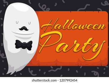 Elegant ghost with moustache and tied bow ready to celebrate Halloween in a distinguished party.