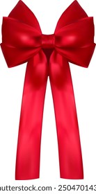 Elegant gift bow made of red shiny satin ribbon on transparent background. Decor for Christmas cards, gift certificates, vouchers, banners and posters. Vector illustration for web design.