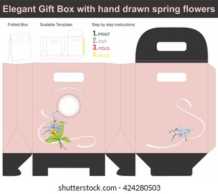 Elegant Gift Box with hand drawn spring flowers | Scalable template | Die-stamping