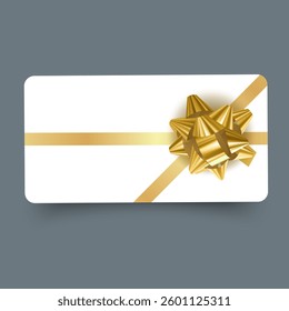 Elegant gift card with golden bow and ribbon on a white background