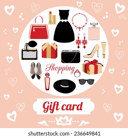 Elegant gift card. Shopping card. Set of elegant accessories.