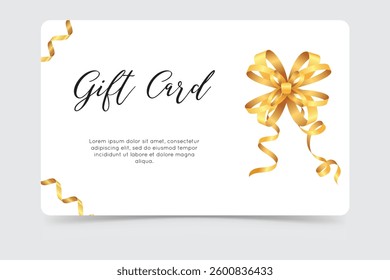 Elegant gift card template with a white background, gold ribbon, and decorative bow. Luxurious and stylish design, perfect for invitations, vouchers, or special occasion greetings.