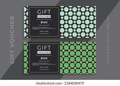 Elegant gift card templates with geometric pattern on dark background. Modern discount coupon or certificate mockup with artistic geometric mosaic. Simple vector editable background with sample text