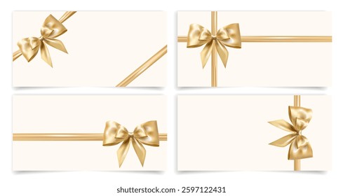 Elegant gift cards templates set with realistic golden ribbons and bows. Perfect for gift vouchers, certificates, event invitations, holiday greetings, and luxury branding. Vector illustration