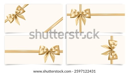 Elegant gift cards templates set with realistic golden ribbons and bows. Perfect for gift vouchers, certificates, event invitations, holiday greetings, and luxury branding. Vector illustration