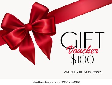 Elegant Gift Certificate with Silk Red Bow and Ribbon. Vector Illustration