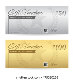 Elegant gift voucher or gift card certificate template in gold and silver color background