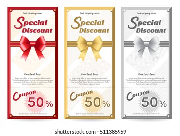 Elegant gift voucher or gift card template with shiny red and golden bows and ribbons vector