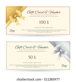 Elegant gift voucher or gift card template with shiny gold and silver bows and ribbons vector