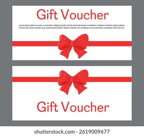 Elegante presente Voucher Design com fita vermelha e arco no fundo branco. Vale-presente com uma fita vermelha vibrante e arco, perfeito para celebrações, presentes ou promoções. O design minimalista