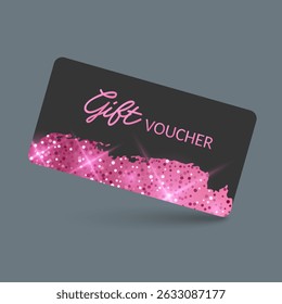 Elegant Gift Voucher with Pink Glitter on Black Card Vector illustration