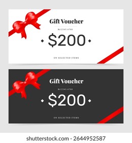 Elegant gift voucher with red classic bow knot and red satin ribbon on white and black background. High quality vector illustration for business and personal projects