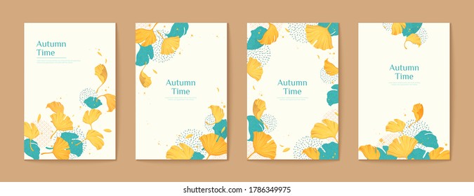 Elegant ginkgo leaves autumn time brochure set in turquoise and yellow